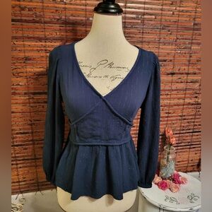 Knox Rose Navy Blue Long Sleeve V-Neck Peplum Top Sz S